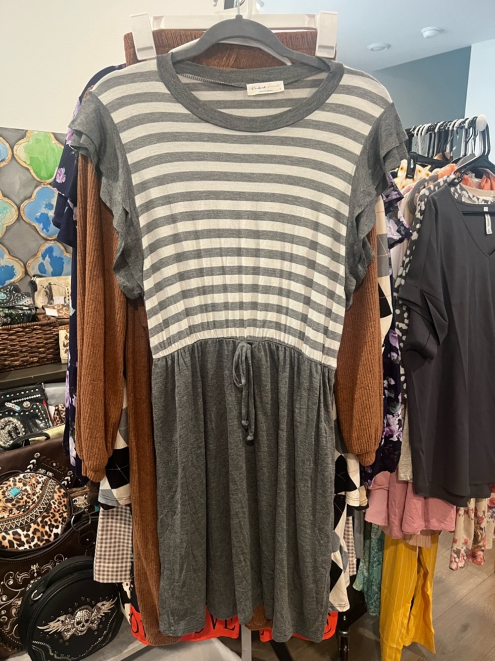 Grey Striped Tie-Waist Dress Size S